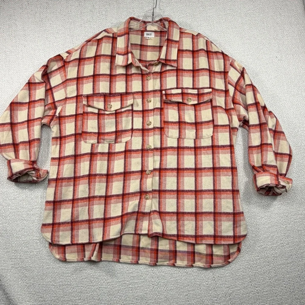 BKE Mens Plaid Flannel Button Up Shirt Long Sleeve Cream Orange Red XXL